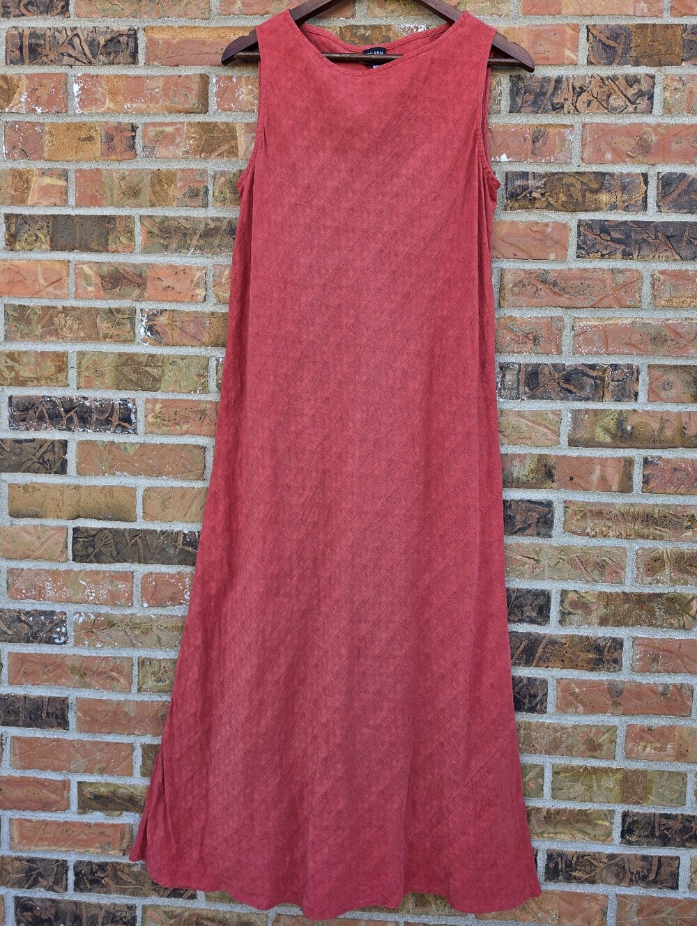 Eileen Fisher Silk Linen Textured Maxi Dress Red Sleeveless A Line Size Medium
